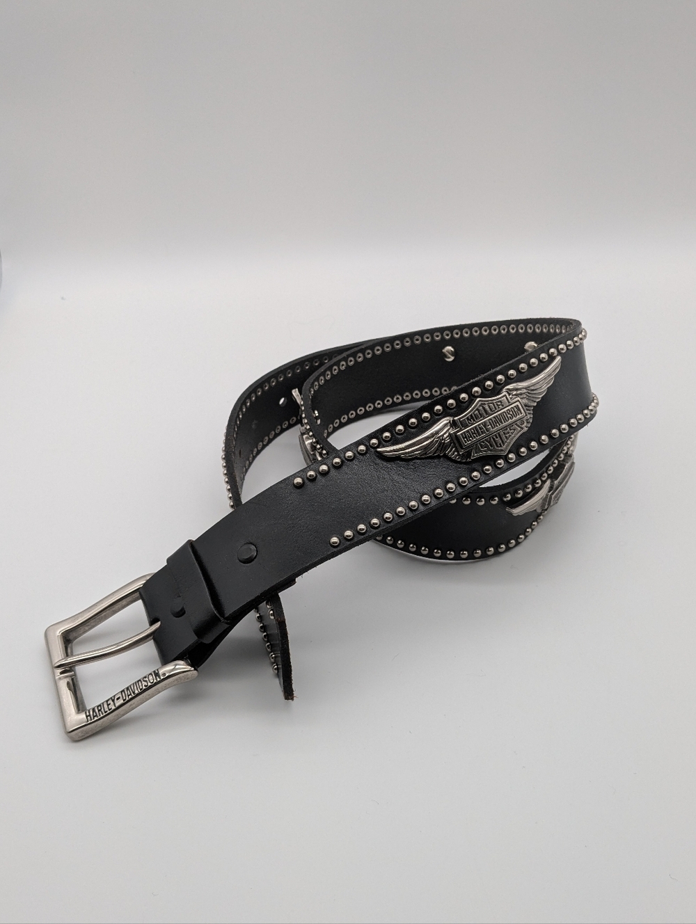 Harley-Davidson Black Leather Studded Belt with Wing Badge Size 36